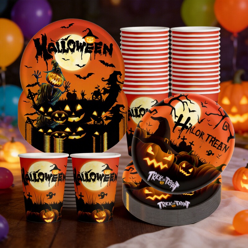 Cross-Border Halloween Ghost Festival Party Decoration Plate Tissue Paper Cup Scarecrow Pumpkin Paper Cup Plate Wholesale Spot