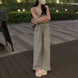 信屿 灰色背带裤+长袖T恤打底衫两件套百搭休闲套装女装纯色外贸