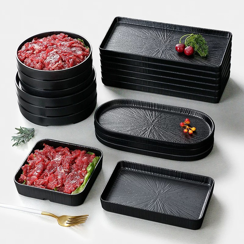 密胺餐具火锅盘商用烧烤烤肉黑色日式盘潮汕牛肉专用盘自助餐餐具