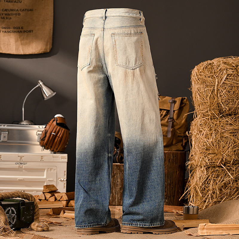 Vintage Denim Jeans For Men Distressed Wide Leg Patchwork Retro_voghion.com