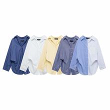 条纹印花府绸衬衫春夏欧美跨境褶饰V领长袖单排扣宽松上衣女