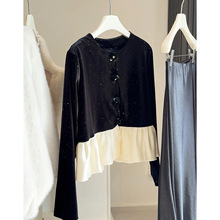 重工花朵镶钻亮片金丝绒衬衫女冬韩版小香风荷叶边圆领长袖打底衫