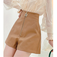 秋冬亮闪闪PU皮短裤女新款时尚拉链拼接显瘦高腰外穿a字阔腿靴裤