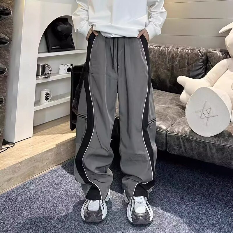 American Style Retro High Street Fashion Niche Straight Confronted Color Stitching Shipping Pants Hip-Hop Trendy Brand Ela- Tight Casual Pants for Men and Women