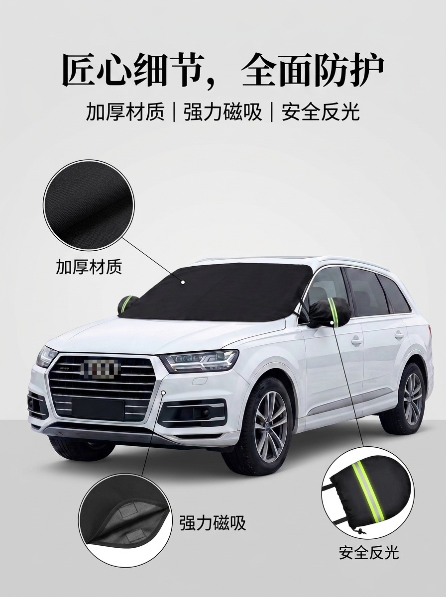 Car snow cover for front windshield, thickened windscreen, anti-freeze magnetic 600D Oxford cloth snow cover, car cover