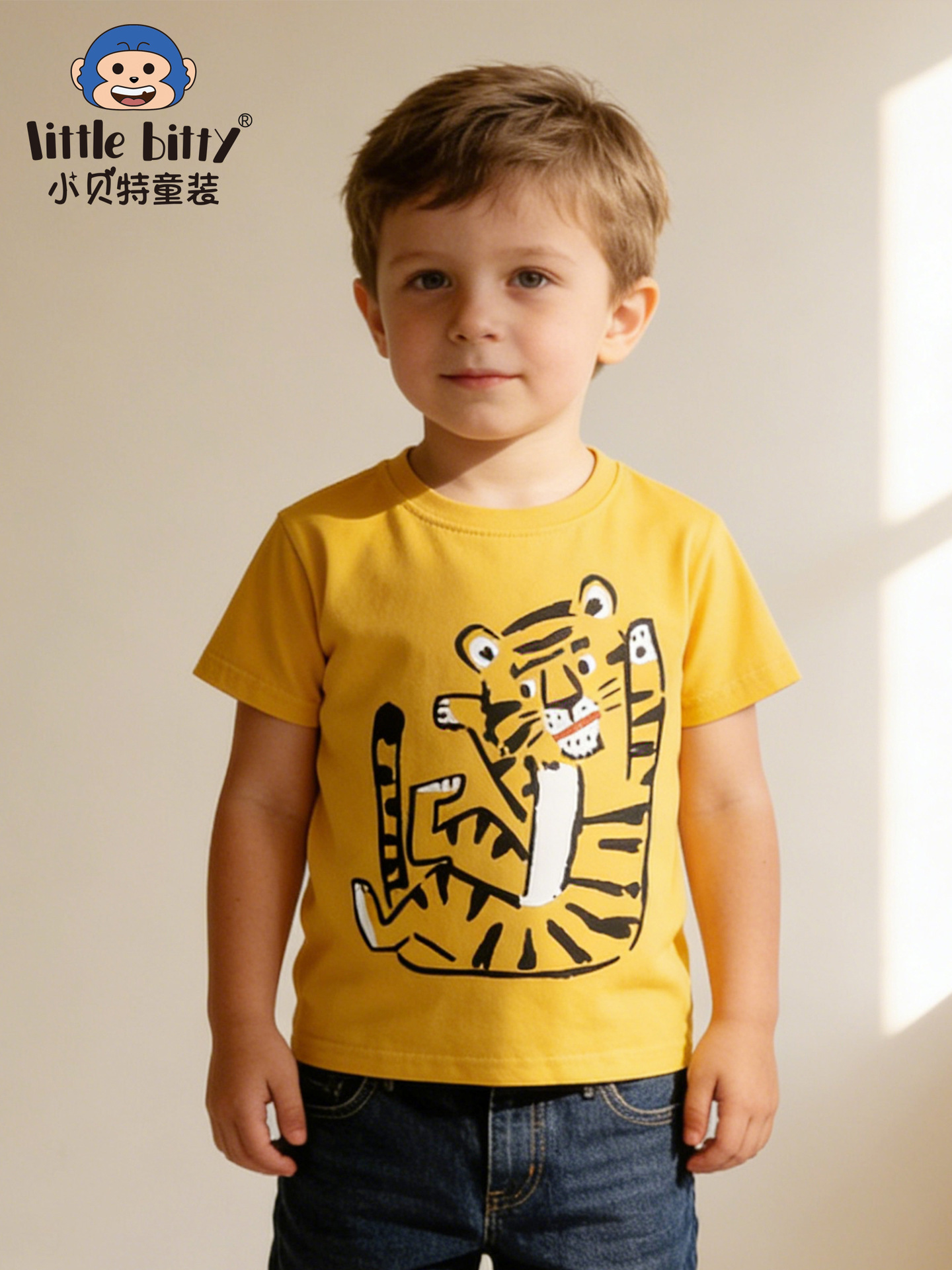 Cross-Border Children's Clothing 26 Years of Experience, New Spring/Summer Children's Short-Sleeve T-Shirt with Cartoon Tiger Print, Round Neck, In-Stock Tops Wholesale