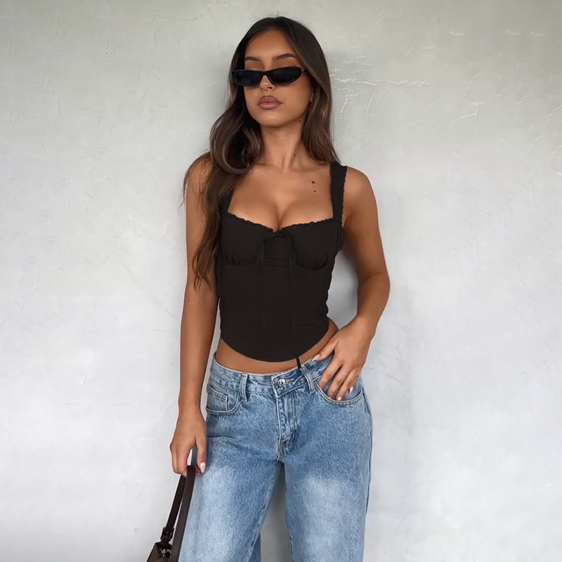 54g Weight Polyester Fabric Type Short Top Length Vest Tops Type Casual, Holiday, Daily Occasion Strap Neckline Slim Fit Type Solid Color Pattern Summer, Spring Season Women's Gender Lace Design Sexy Style Apricot, Brown, Black Color Wholesale Women's Sexy Solid Color Apricot Brown Black Lace Tank Tops 8