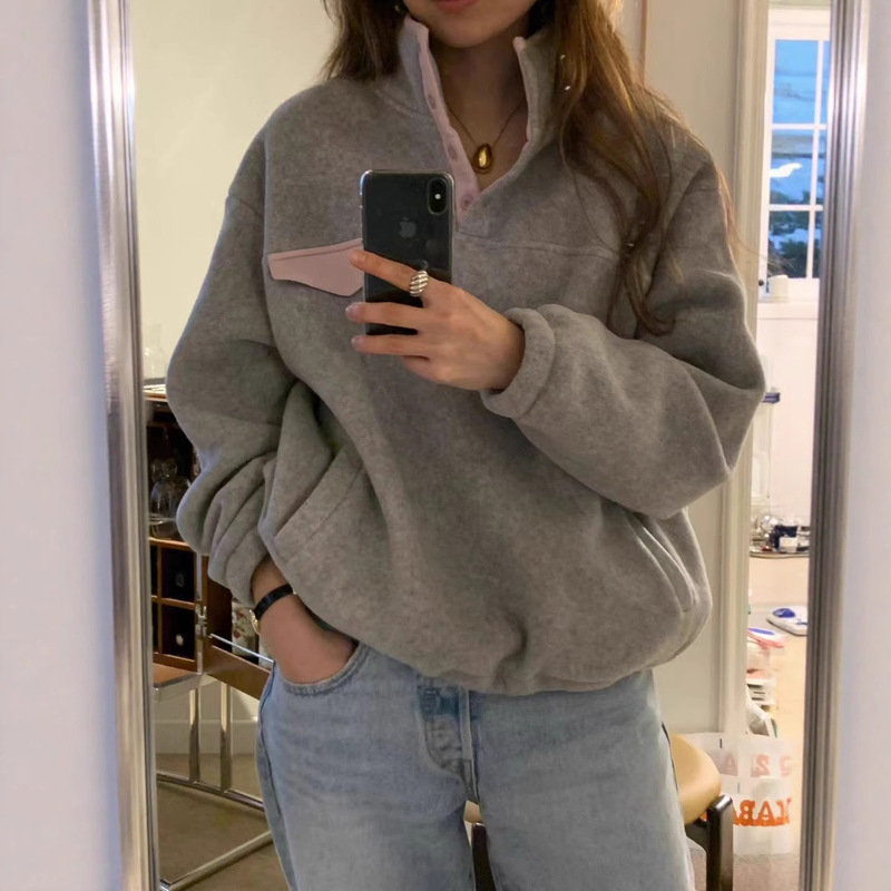Now Available~ Korean Dongdaemun Purchasing Agent Ounce Women's 2025 Winter Fashion Color-Blocking Half-Button Fleece-Lined Sweatshirt Now Available~ Korean Dongdaemun Purchasing Agent Ounce Women's 2025 Winter Fashion Color-Blocking Half-Button Fleece-Lined Sweatshirt