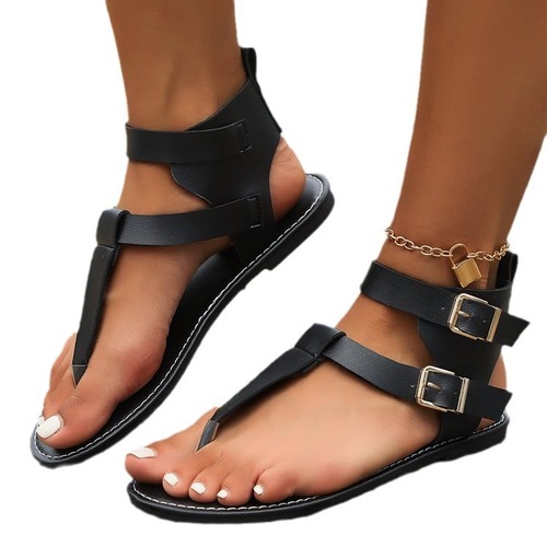 Year Korean Summer Low Heel Slip-On Roman Women's Shoes Fashion Comfort Belt Buckle Flat High-Top Sandals