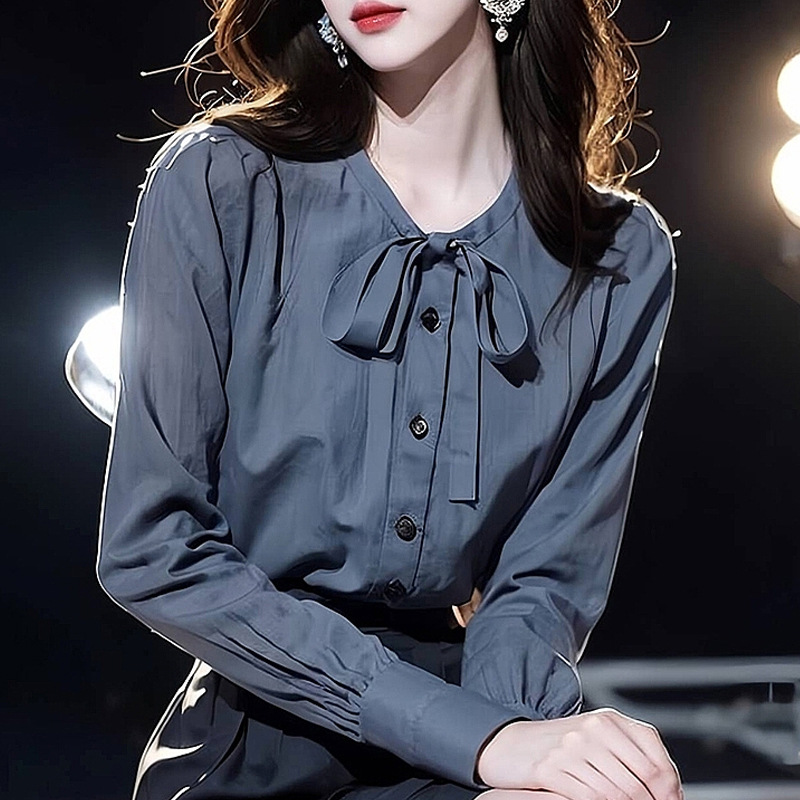 이른 가을 새로운 스타일 세련된 아름다운 느슨한 셔츠 프랑스 독특한 대학 스타일 통근 블루 긴 소매 셔츠 탑