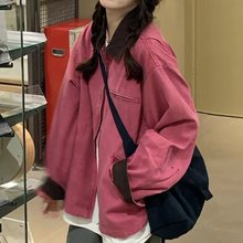 美式复古粉色工装夹克短外套女2024新款秋冬季休闲棒球服上衣