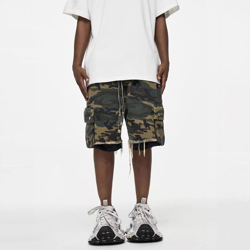 2026 High Street Washed Frayed Vintage Double-Layer Denim Pocket Trendy Camouflage Shorts Summer Five-Point Pants Men's Fashion