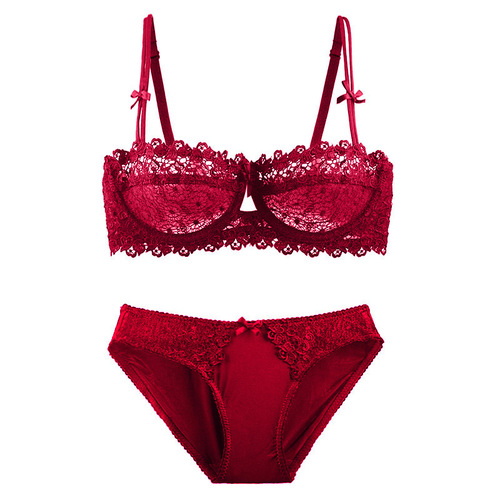 Factory Direct Sales European and American Ultra-thin Transparent Half Cup Lace Bra Sexy Temptation Gather Anti-sagging Bra Set 