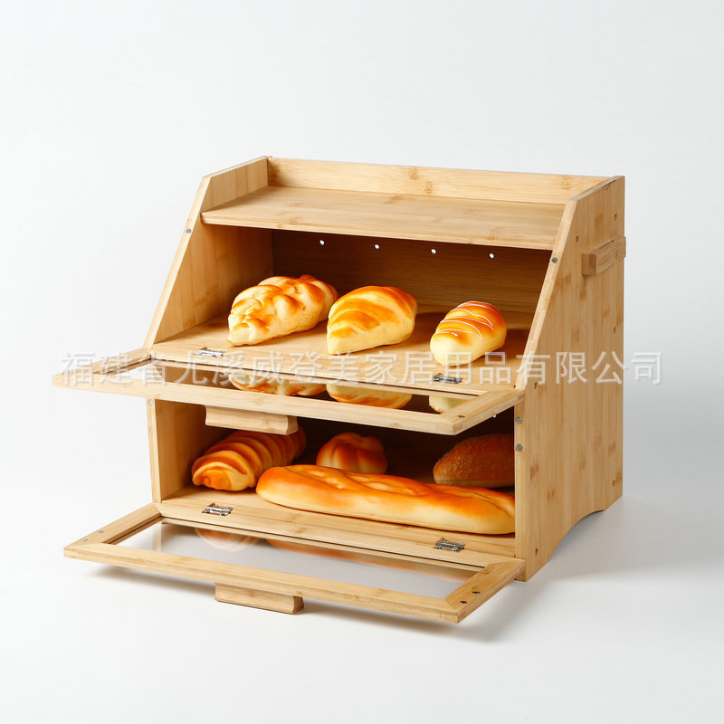 Caja de pastel de madera transfronteriza caja de almacenamiento de pan caja de pan de bambú con caja de almacenamiento de doble capa de cocina de vidrio transparente