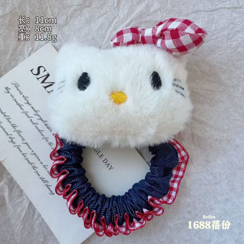 可爱格子蝴蝶结猫咪玩偶发绳儿童高弹力扎发皮筋牛仔发圈卡通发饰|undefined