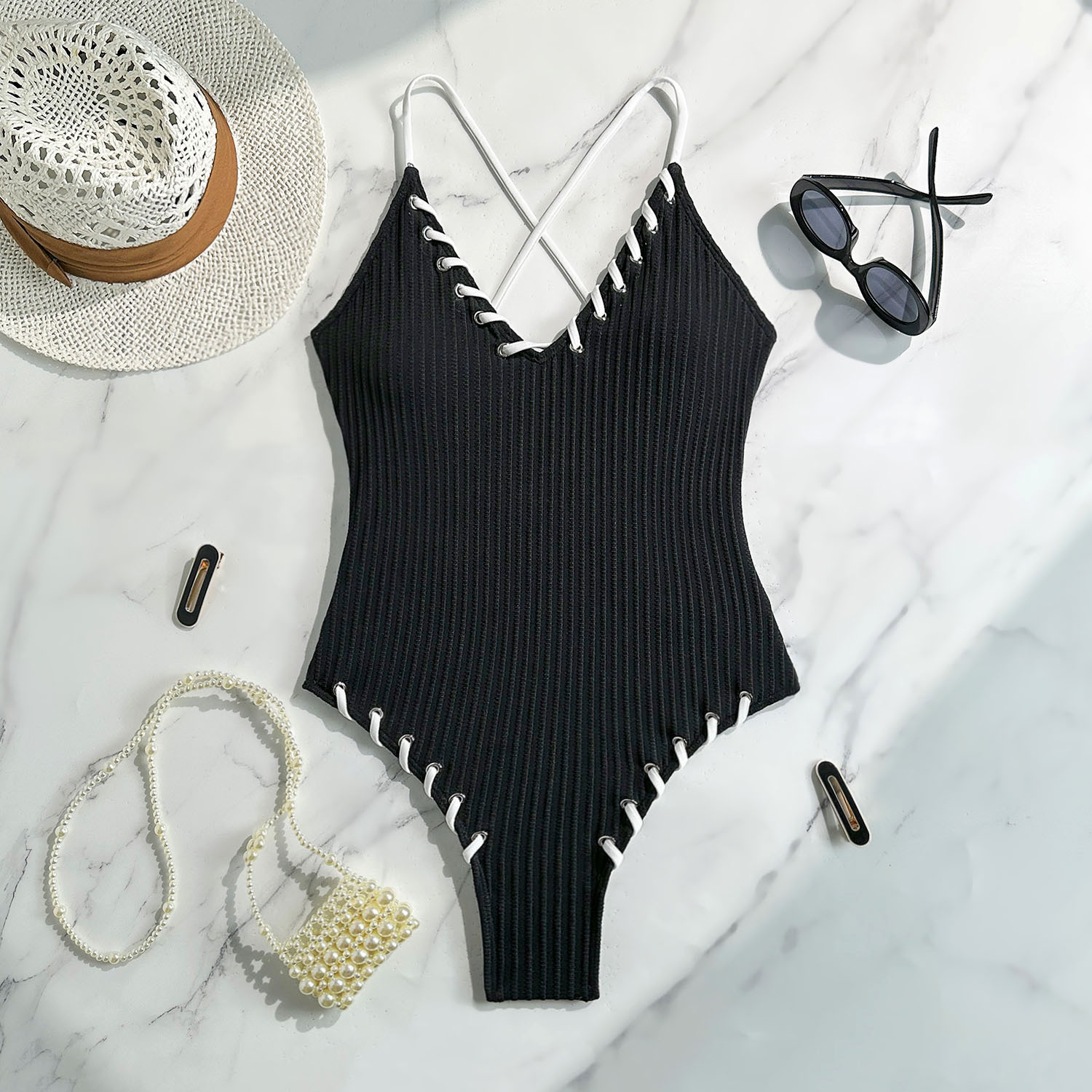Adjustable Eyelet & Tie Front One-Piece Swimsuit Color Block Strappy Monokini_ecoleips.com