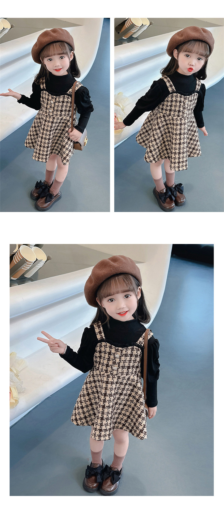 Kariertes Kleid für Mädchen im Herbst, 2024 neue und trendige Kinderkleidung, im Internet bekanntes zweiteiliges Set für den Frühling_voghion.com