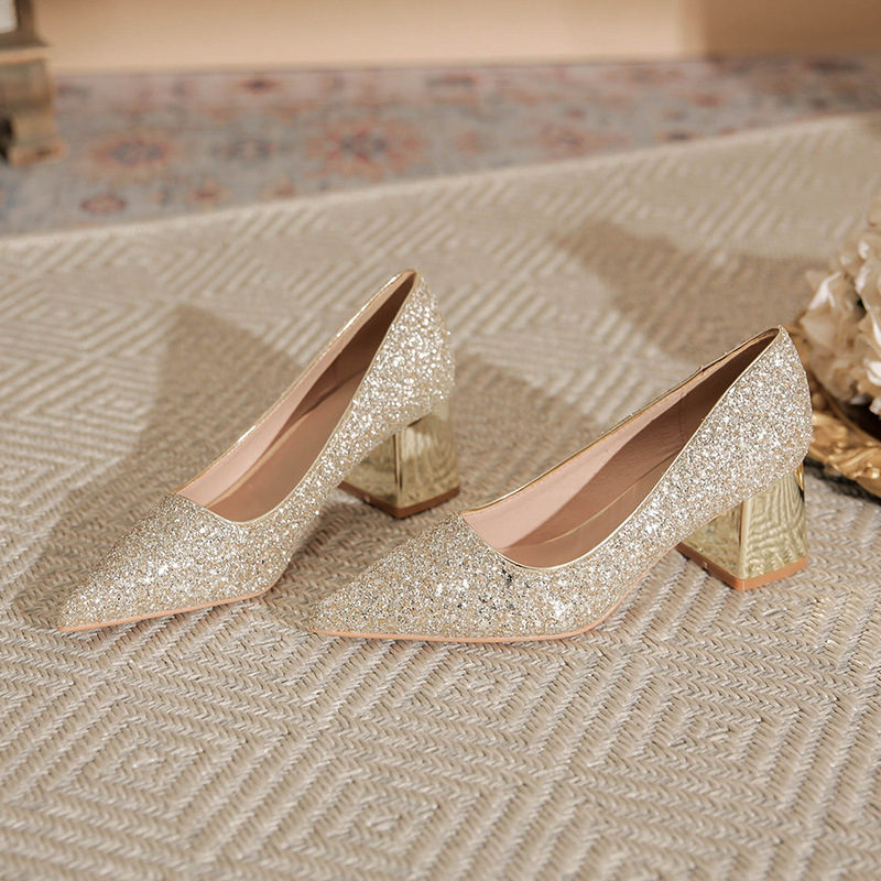 X201 French rhinestone sequined socialite elegant banquet wedding shoes bridesmaid shoes chunky heel pointed high heels