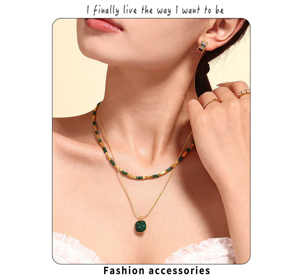 Natural Stone Crystal Pendant Necklace Double Layer Stainless Steel_voghion.com