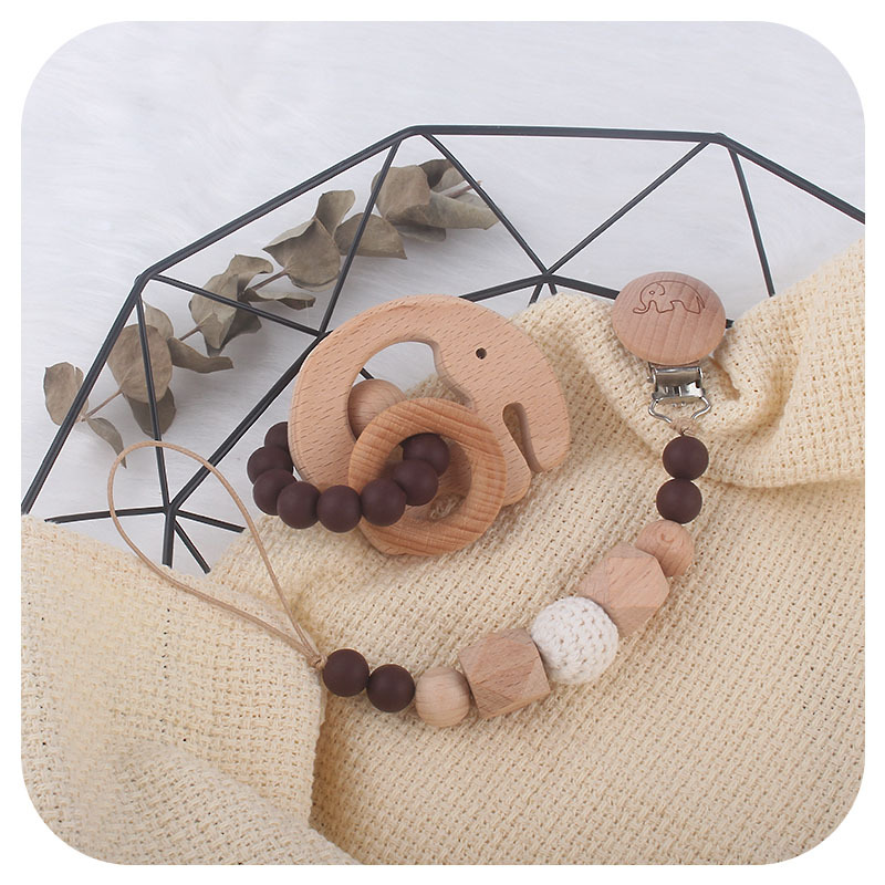 Amazon nuevo bebé suministros haya elefante chupete clip pezón cadena teether traje bebé teether stick teether
