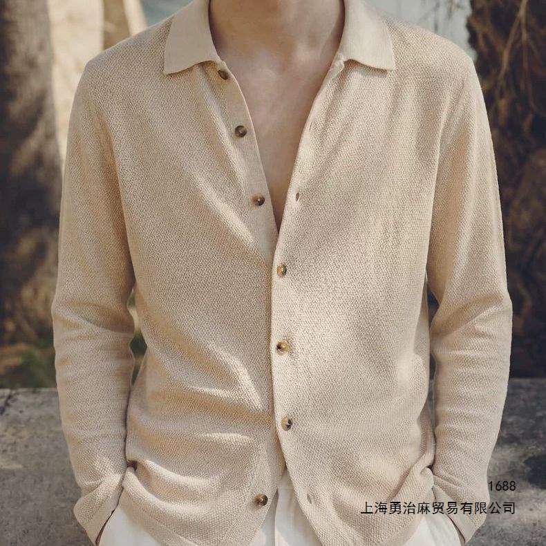 Men's breathable knitted shirt, long-sleeved, thin, loose-fitting style, perfect for spring and autumn. In stock.