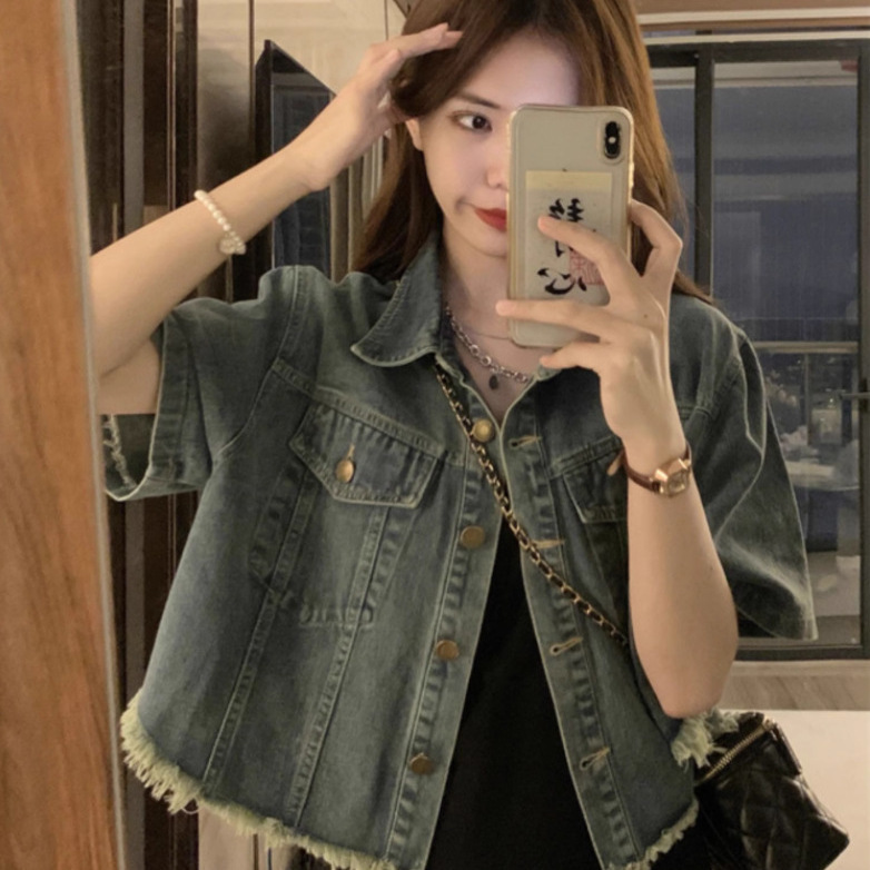 Vintage Hong Kong Style Raw Edge Short Sleeve Denim Shirt Jacket for Women, Loose Fit, Petite, Versatile Short Jacket Top for Summer