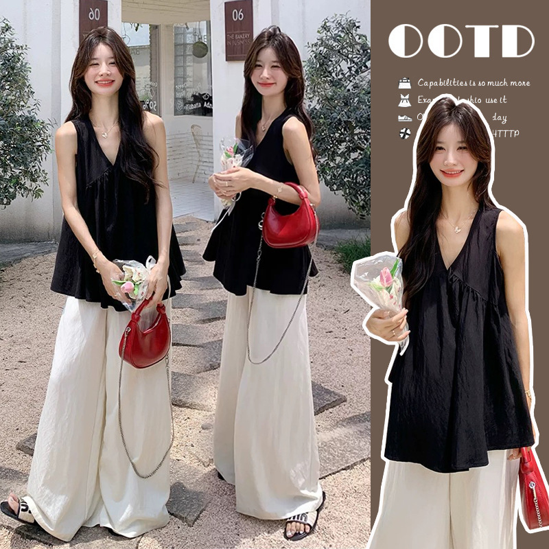 Maternity Wear 2026 Summer New Goddess Style Petite Youthful Sleeveless V-Neck Top + Wide-Leg Pants Set Maternity Wear 2026 Summer New Goddess Style Petite Youthful Sleeveless V-Neck Top + Wide-Leg Pants Set