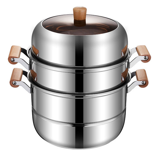 Wooden handle stainless steel steamer multi-layer double-layer large capacity thickened household steaming soup pot three-layer compound bottom soup pot gift batch