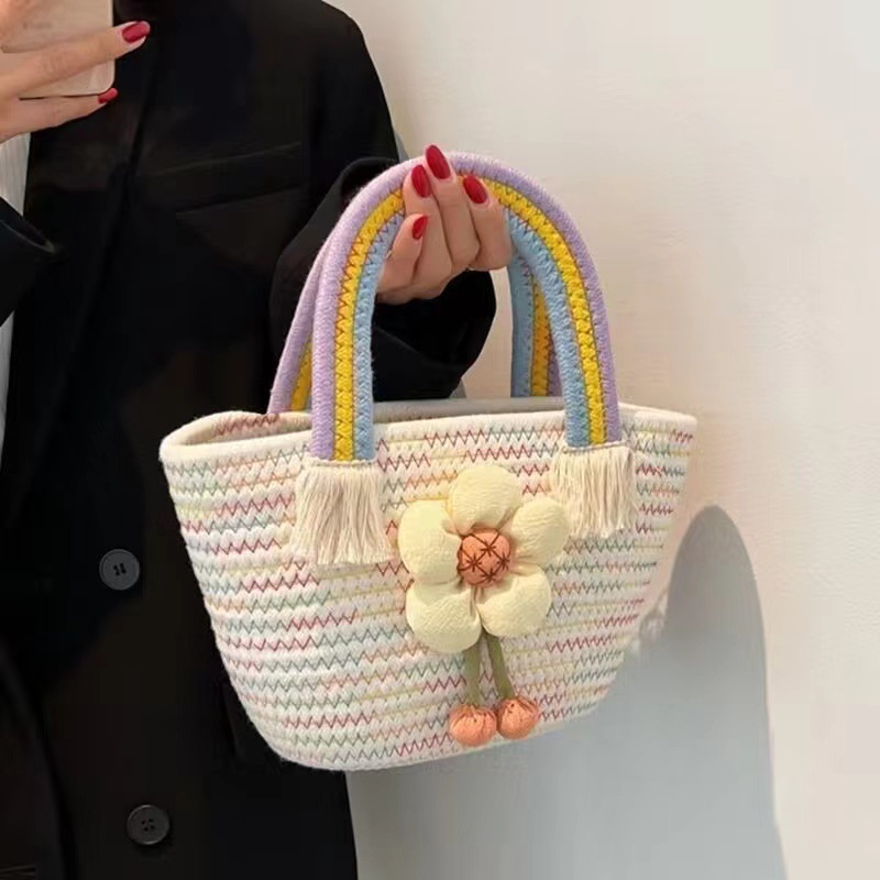 Bolso de cuerda de algodón con una sola flor Rainbow beige