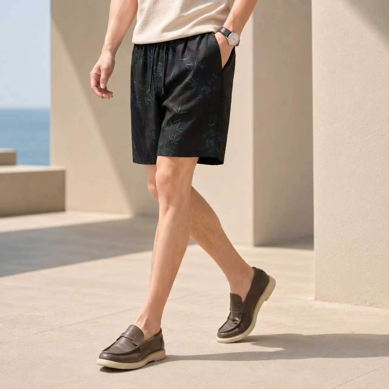 Quần short nam lụa tơ tằm cạp chun — Da đen 8985 chi tiết 8