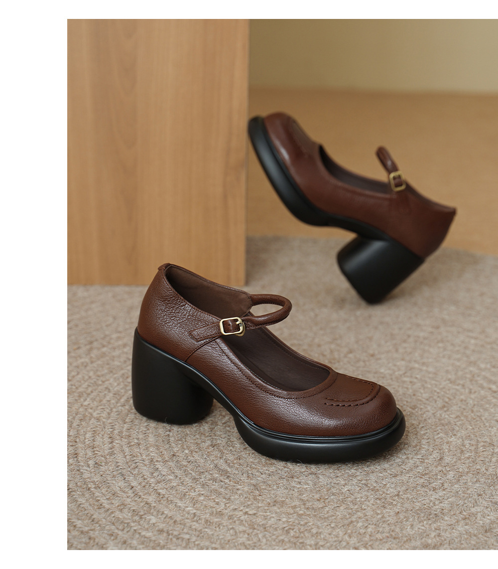 Giày Mary Jane nữ đế dày gót thô 8 cm, da dê mềm, quai ngang khóa — màu nâu chi tiết 13