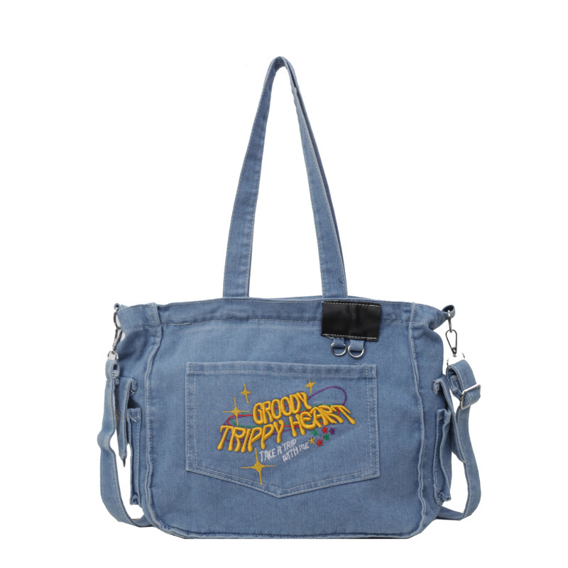 Nuevo bolso de mezclilla bordado de gran capacidad bolso de hombro de estilo universitario retro bolso de viaje de viaje de moda