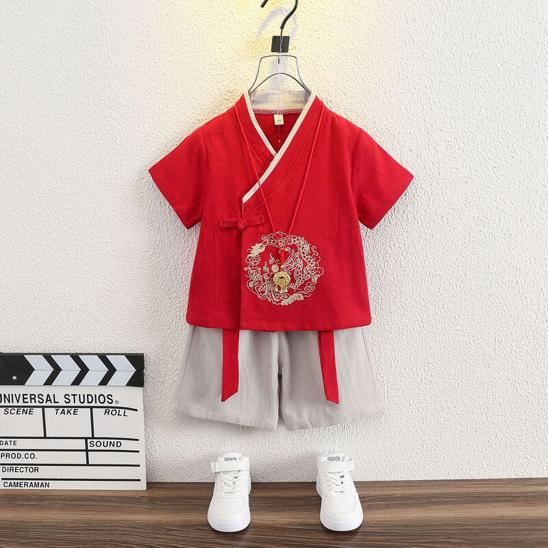Boys' Hanfu Summer suit Chinese Style Children's One Year Old Dress Baby Performance Clothing Cotton Linen Thin Vintage