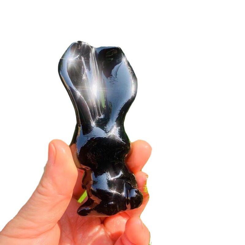 天然水晶黑曜石雕刻件长耳兔水晶小摆件 图 5