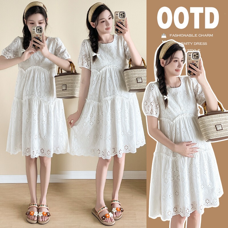 Maternity Wear 2026 Summer New Style White Round Neck Embroidered Hollow-Out Loose Large Size Maternity Dress