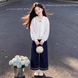 2026春秋韩系新款女童蕾丝拼接兔耳拉链外套时尚百搭牛仔裤套装潮