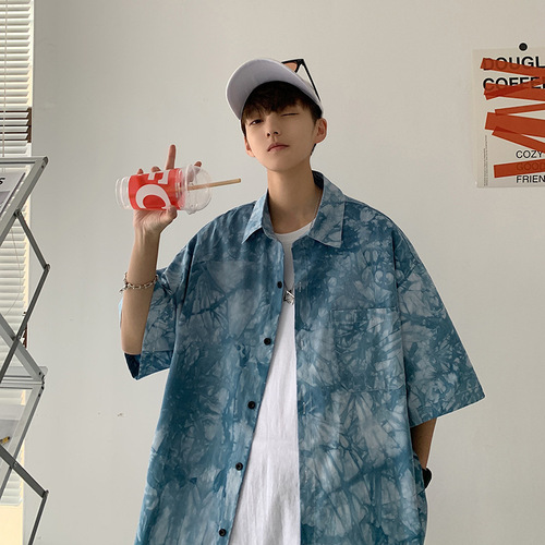 Thin Hawaiian Shirt for Men, Summer Trendy Loose Top with Design Sensibility, Tie-Dye Short-Sleeve Floral Shirt Jacket