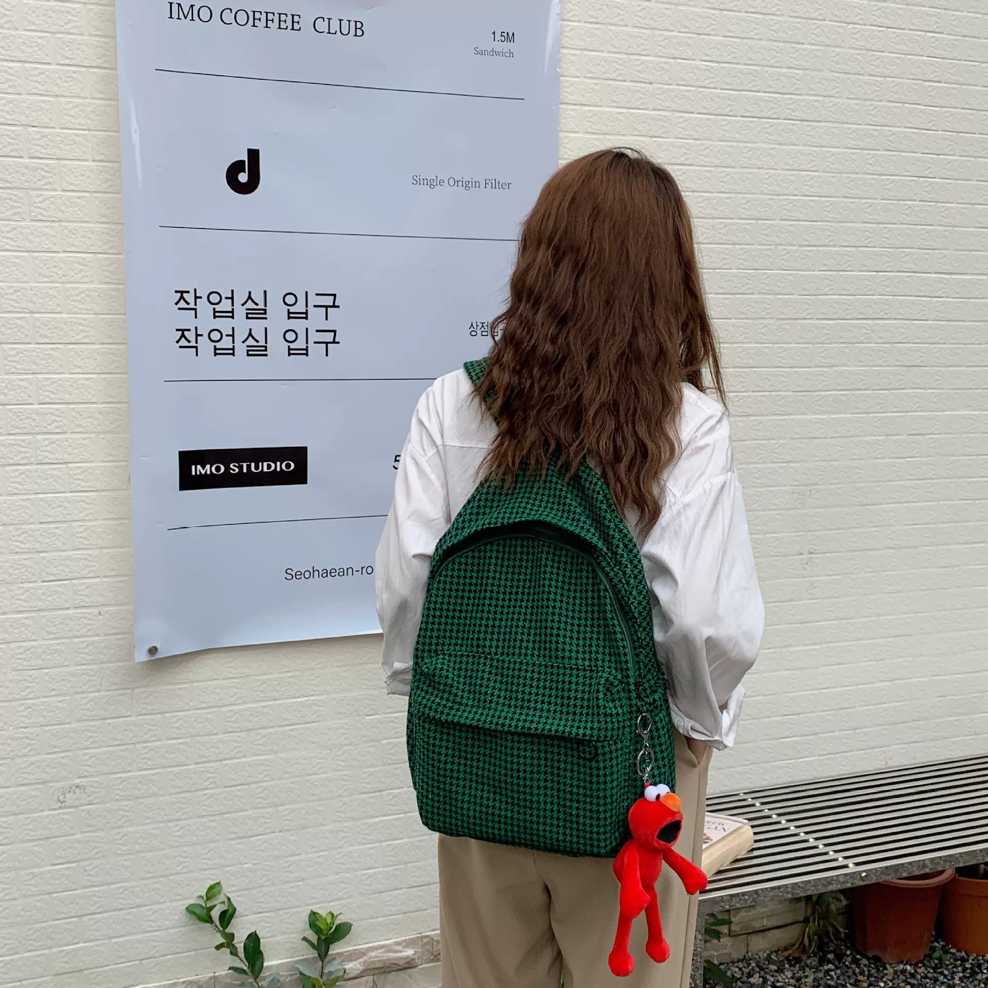 19202 墨绿色小千鸟格毛呢双肩包韩系棋盘格背包女大容量学生书包