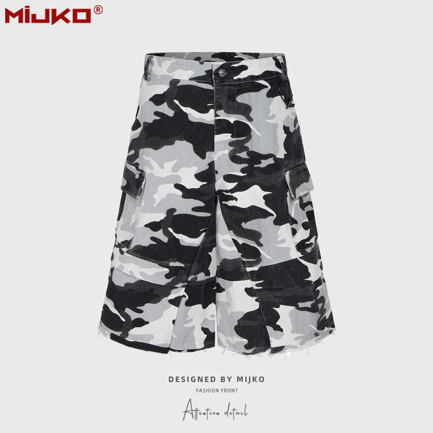MIJKO men's clothing women's spring and summer new coated glitter camouflage cropped shorts men's and women's high street cat whiskers