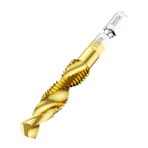 Hexagonal shank machine spiral tap, high-speed steel titanium-plated drill bit, three-in-one drilling and tapping one-piece composite tap