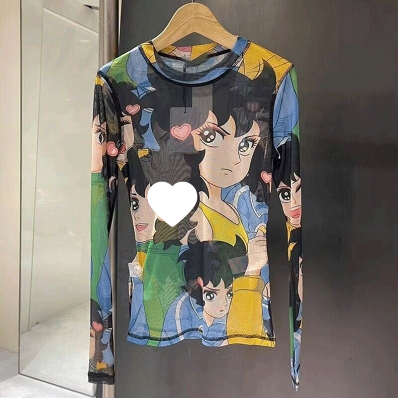 Top Inner Blouse Summer Printed Ice Silk Gauze Thin Long-sleeved T-shirt Women's Mesh Base Shirt Sunscreen Clothing for Women