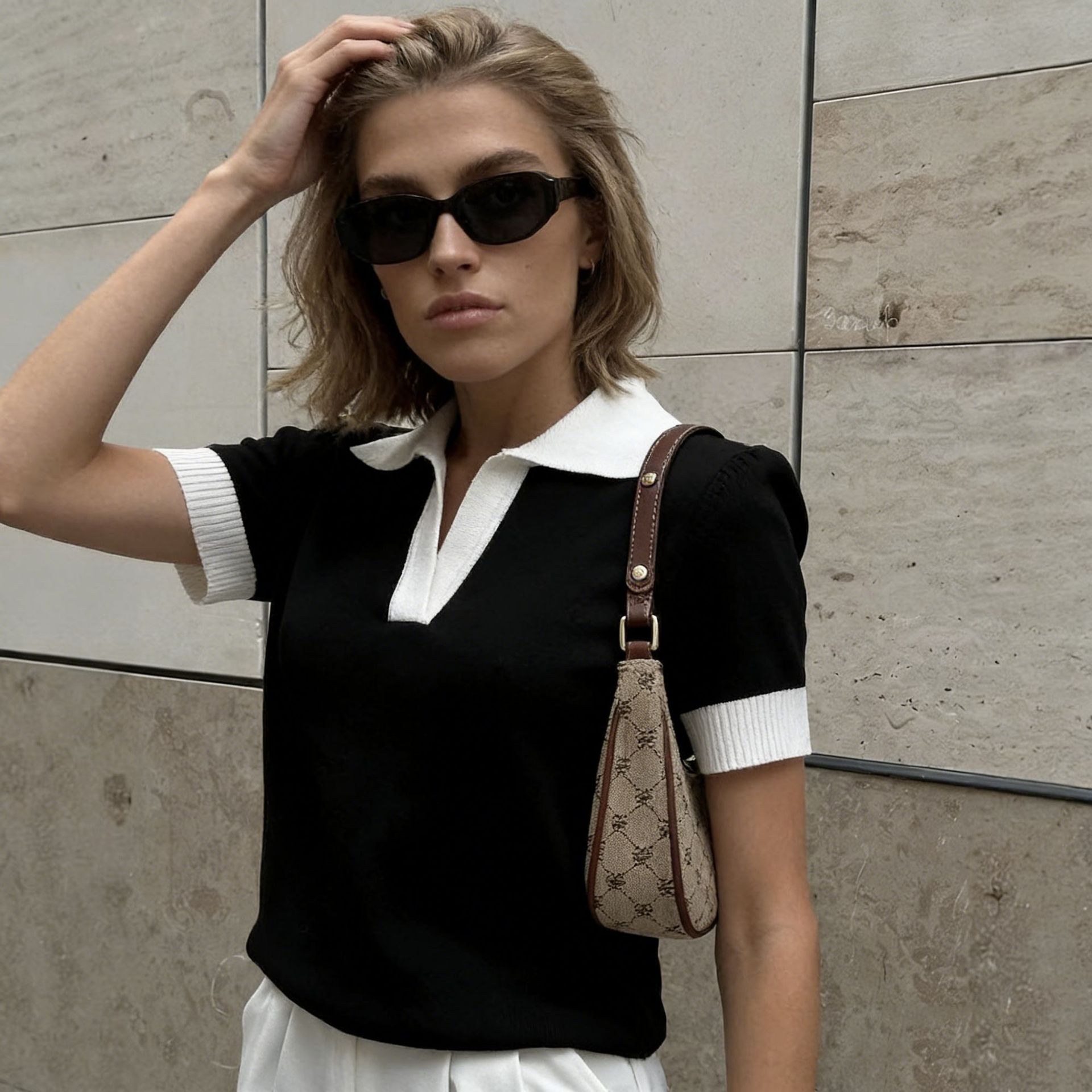 Women's Knitted Cropped Top Color Block Lapel Short-Sleeved Summer Elegant Commuter_voghion.com