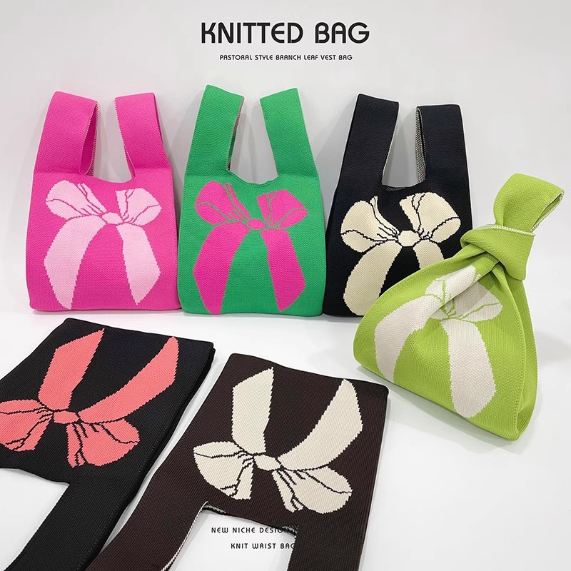 清新针织包包蝴蝶结小拎包女百搭手提包编织伴手礼袋子简约手腕包
