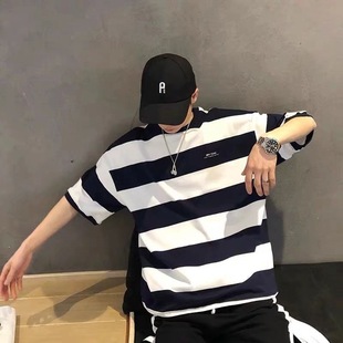 Striped Short-Sleeved Summer All-Match Bottoming Shirt for Men, Round Neck Pullover, Five-Quarter Sleeve T-Shirt, Couple Loose Tee, Trbottomy and Versatile Top