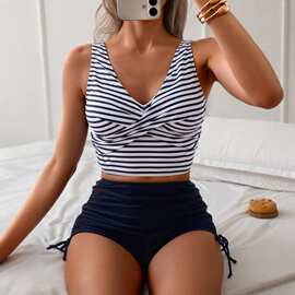 2025新款欧美速干紧身交叉背心性感高腰抽绳平角裤竞速分体泳衣女