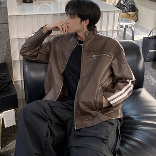 2024 New American Retro Striped Silhouette Melad Leather Jacket Men's Spring and Autumn Style Regular Shoulder Pu Jacket