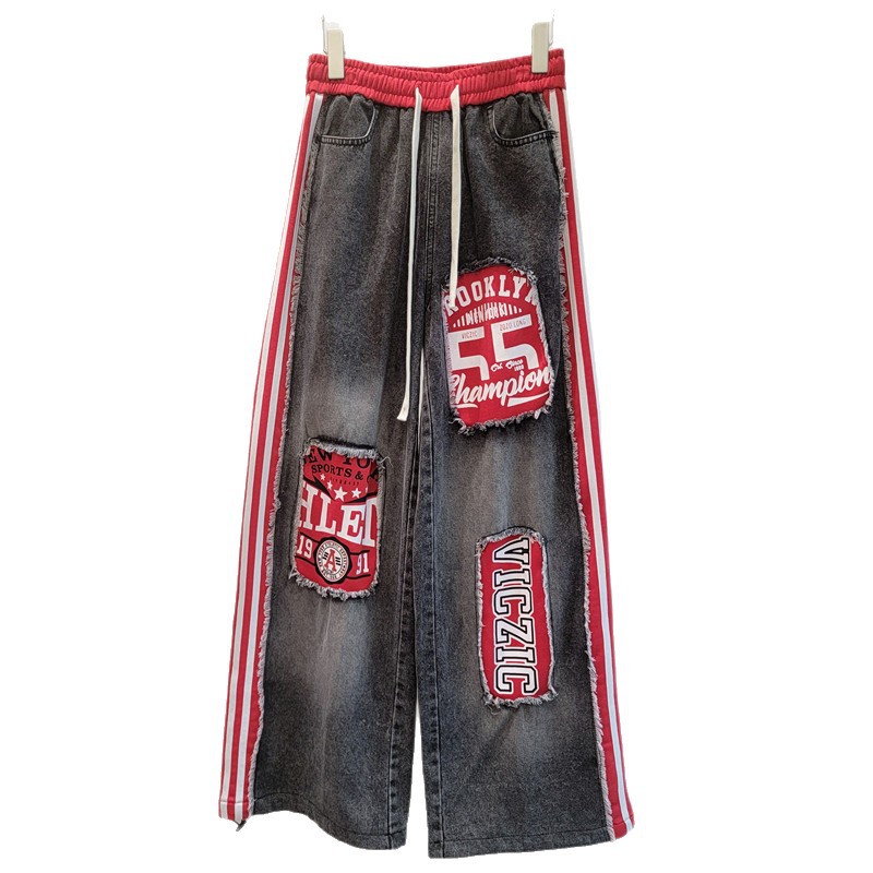 2026 primavera y verano nuevo estilo americano estilo callejero retro empalme jeans letras sueltas pegatinas pantalones largos de pierna ancha