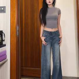 C246#【非实拍】辣妹复古宽松直筒牛仔裤女简约个性百搭显瘦阔腿
