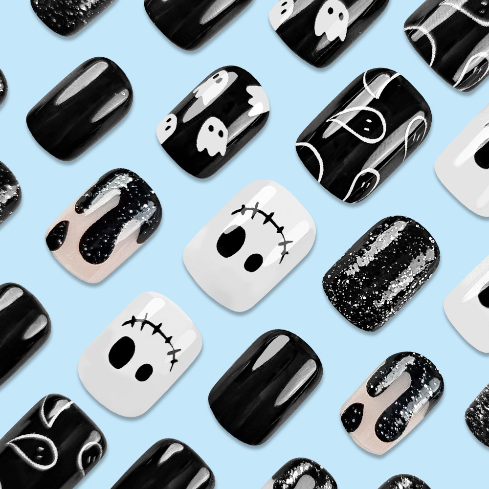 Ventas transfronterizas en blanco y negro fantasmas de manicure cuadrado europeo chicas calientes parches de uñas en polvo brillante cara cara Halloween usar uñas
