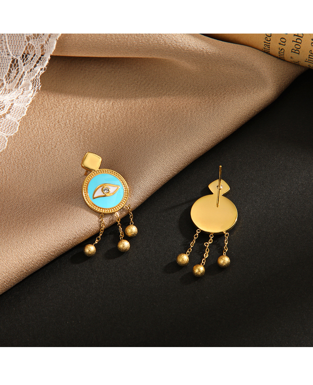 Ethnic Style Round Devilu0027S Eye Stainless Steel Tassel Drop Earrings 1 Pair